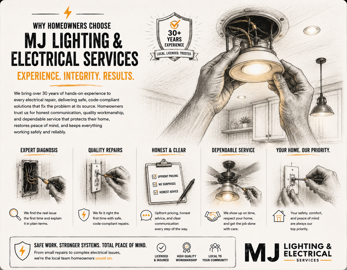 An informational graphic for MJ Lighting & Electrical Services. It features the company's experience of over 30 years, emphasizing honesty, quality repairs, and dependable service. The illustration shows hands installing a ceiling light fixture. Key points include expert diagnosis, quality repairs, honest communication, dependable service, and safety. Icons and text highlight licensure, insured status, high-quality workmanship, and community trust.