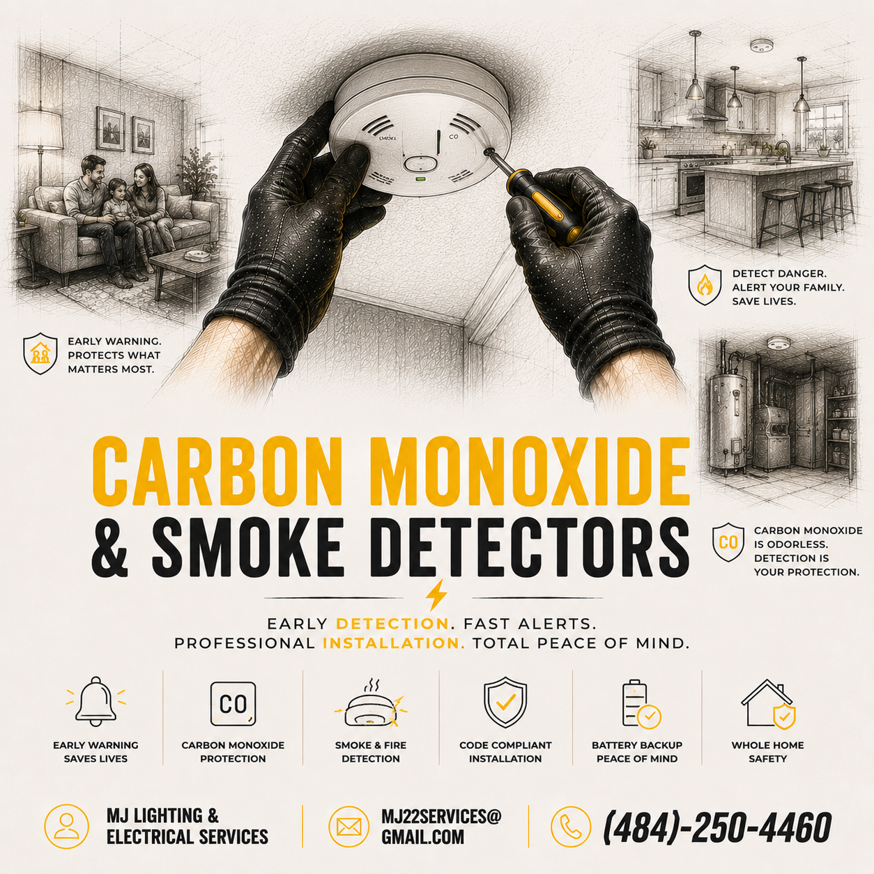 An advertisement for carbon monoxide and smoke detectors highlighting early warning, protection, odorlessness, and professional installation. It depicts a person installing a smoke detector and features icons and text about safety benefits, company contact information, and service details.