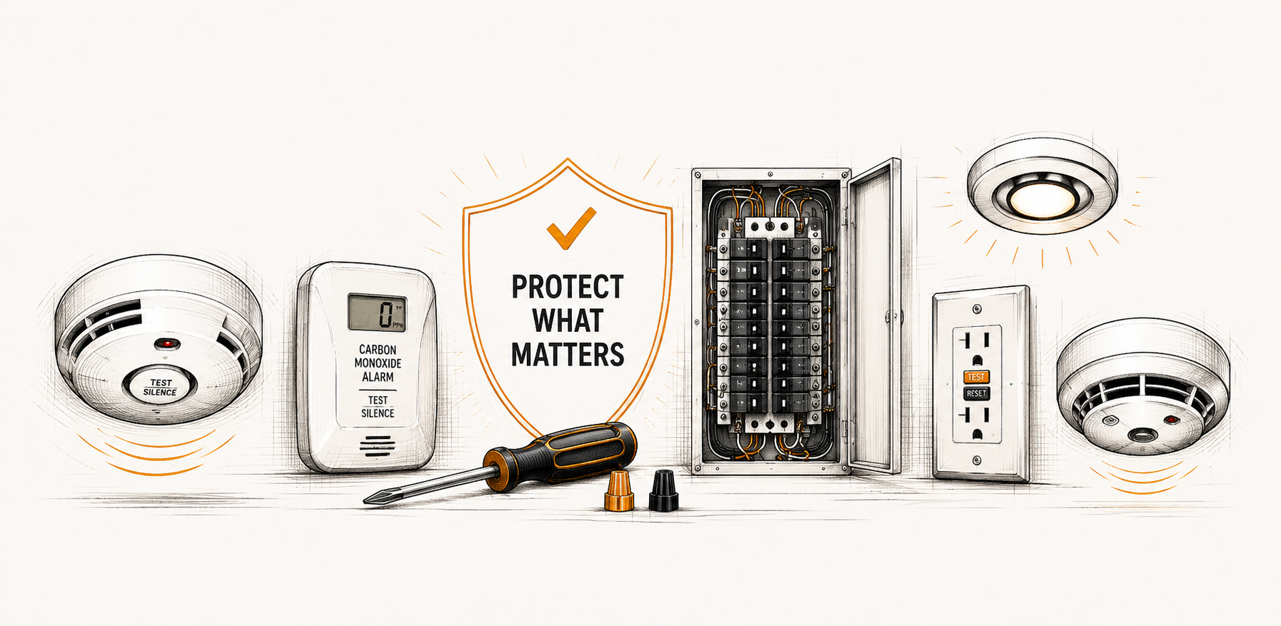 Array of smoke detectors, carbon monoxide alarm, electrical panel, power outlets, and a screwdriver with insulated handles, with a shield graphic reading "Protect What Matters" in the center.