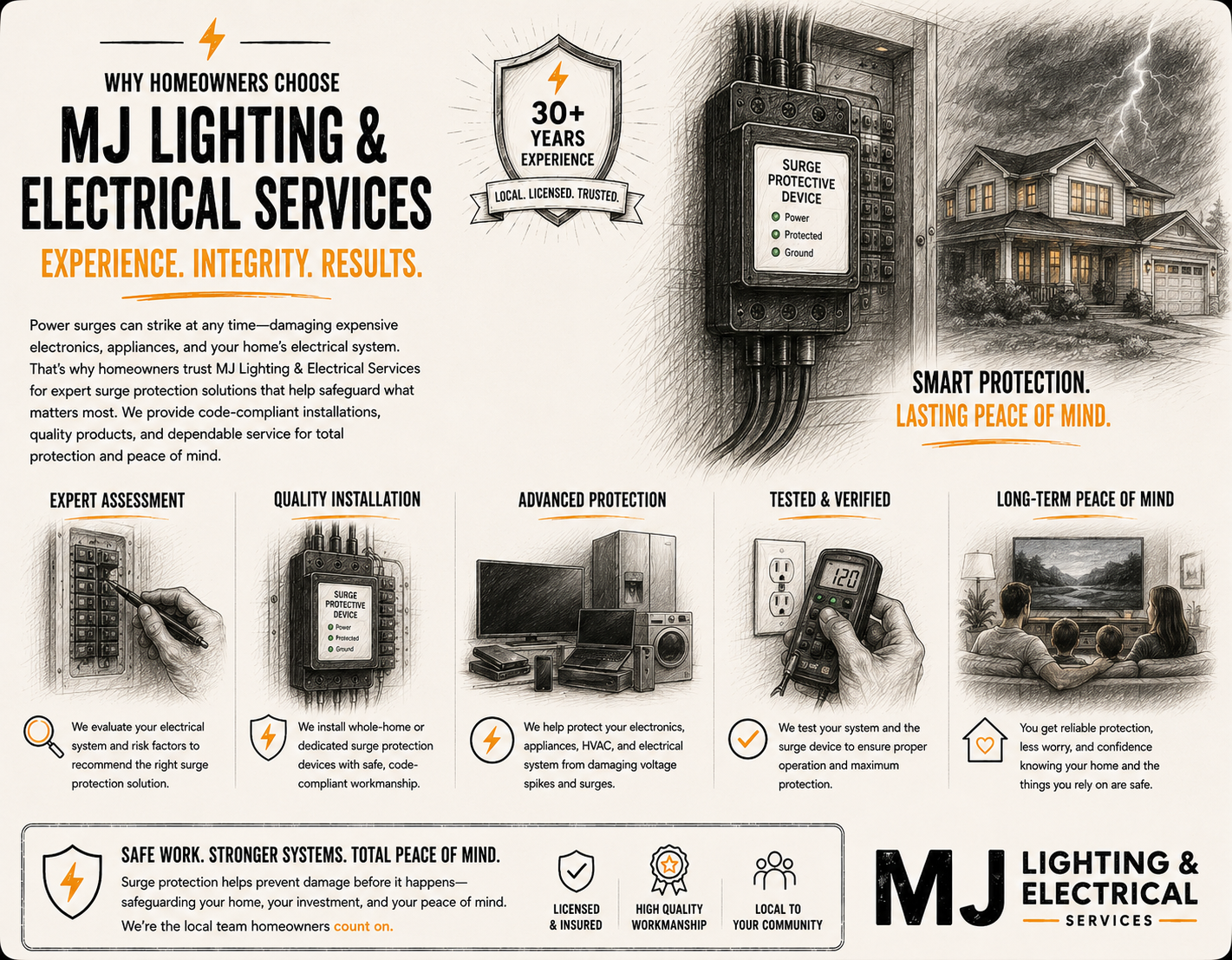 An informational poster for MJ Lighting & Electrical Services, showcasing their expertise in surge protection and electrical services for homes. The poster features a lightning bolt icon, a shield symbol, and illustrations of electrical panels, devices, and a family watching TV in a living room with a storm outside. It highlights their 30+ years of experience, the importance of advanced protection, and the benefits of their services for peace of mind.