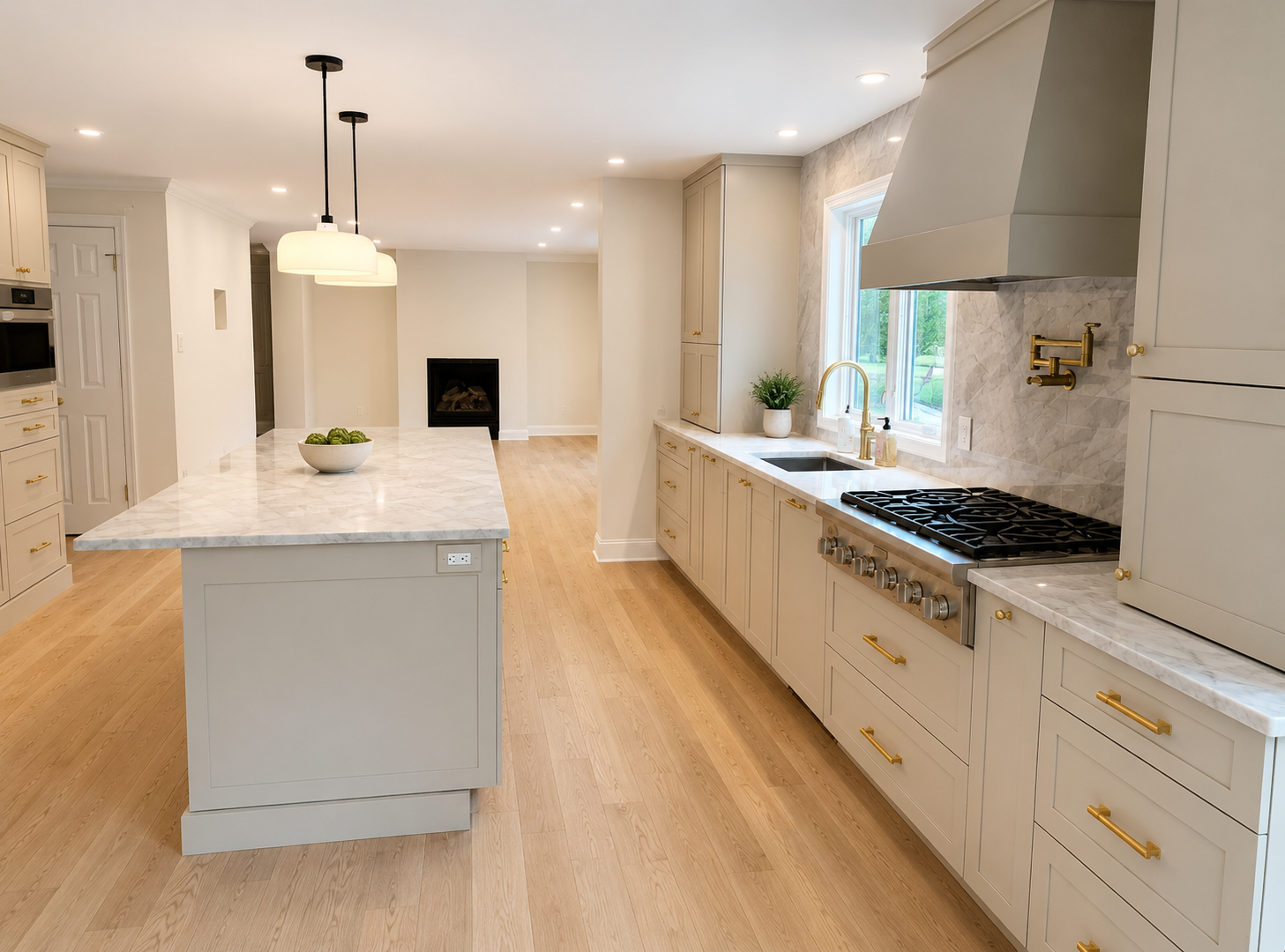 Modern kitchen with white cabinetry, marble countertops, and gold hardware. There is a large island in the center and a window above the sink.