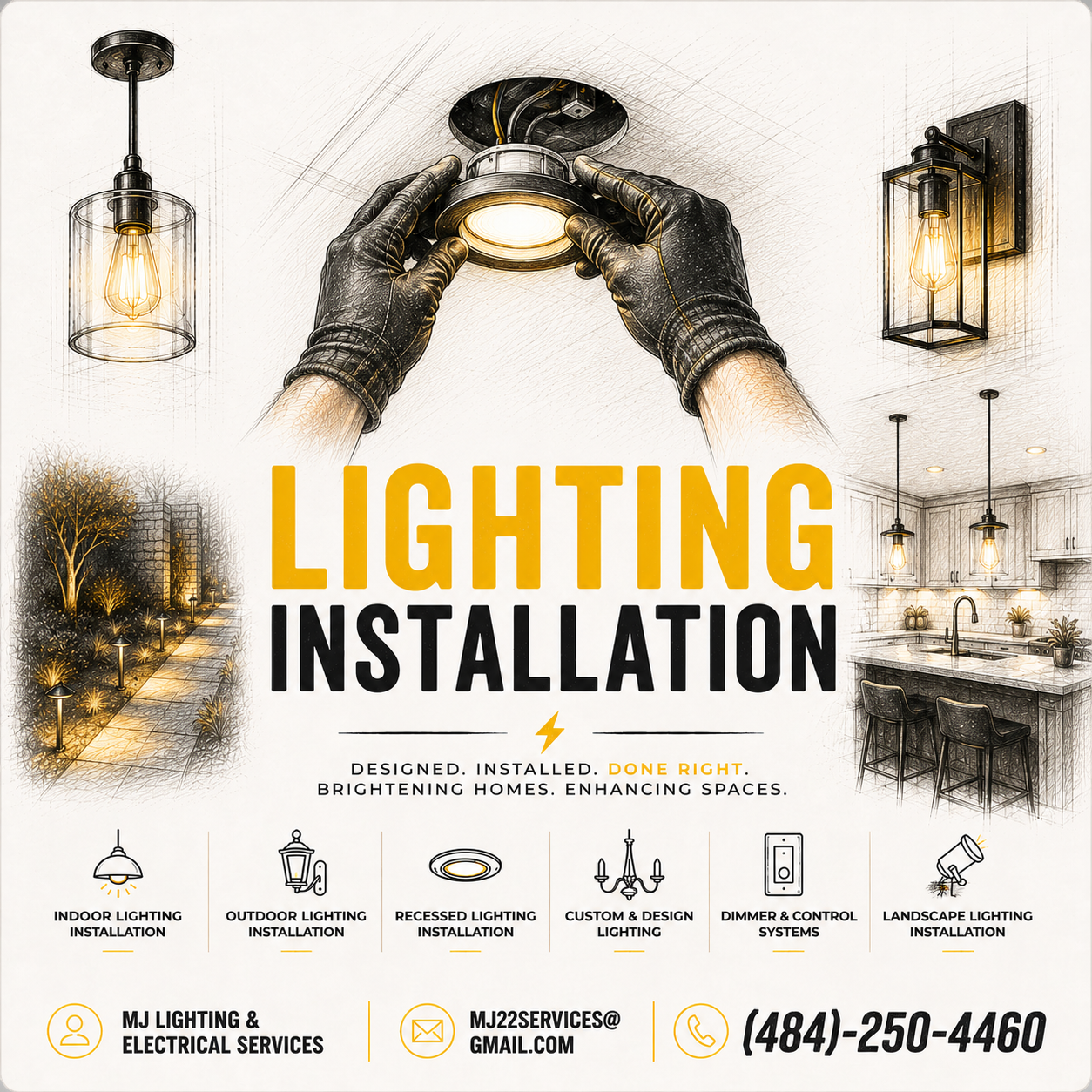 Advertisement for lighting installation services, featuring images of light fixtures, indoor and outdoor lighting, a pathway with landscape lighting, and contact information.