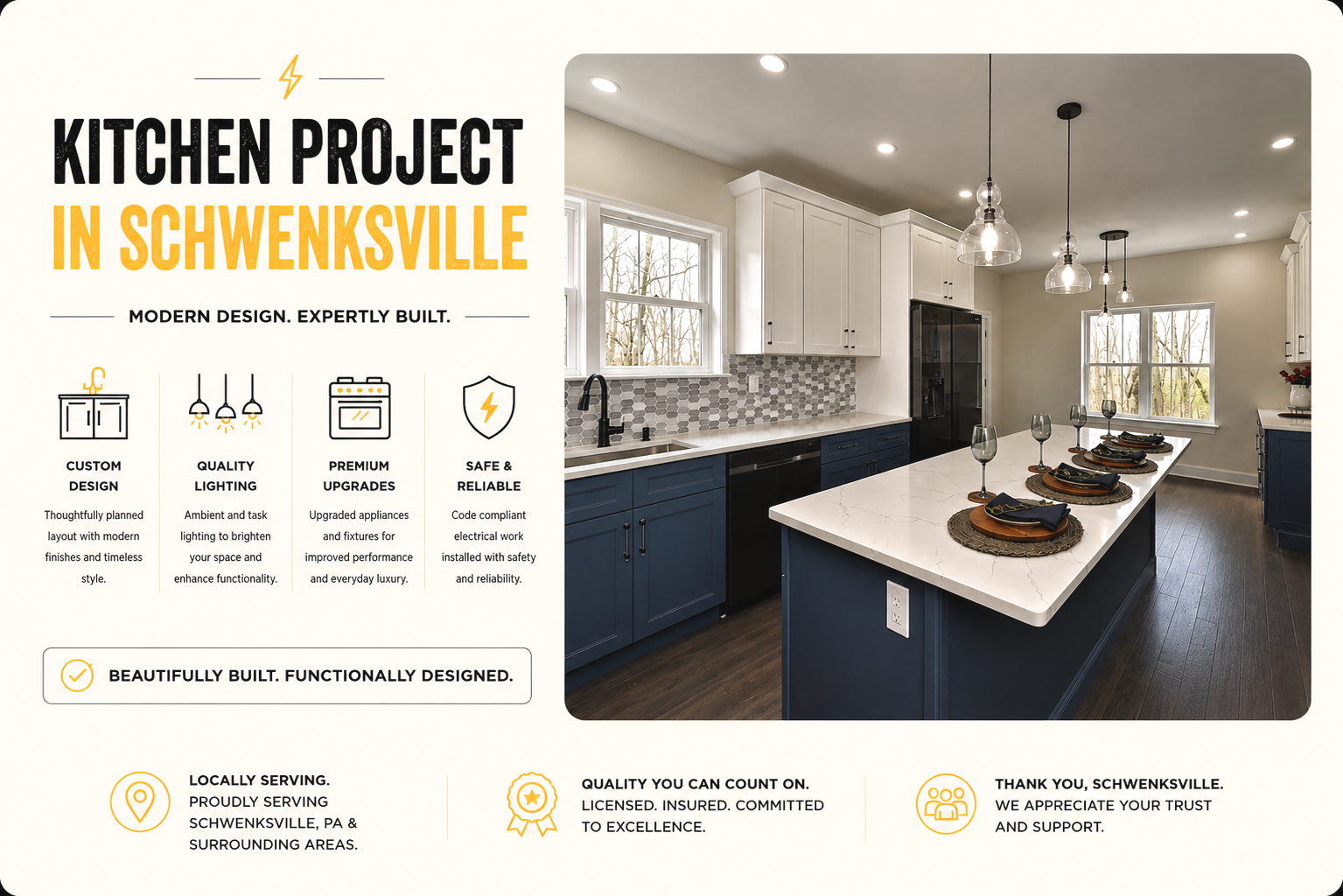 Modern kitchen with white upper cabinets, blue lower cabinets, black appliances, a large kitchen island with place settings, pendant lights, and windows looking outside revealing trees.