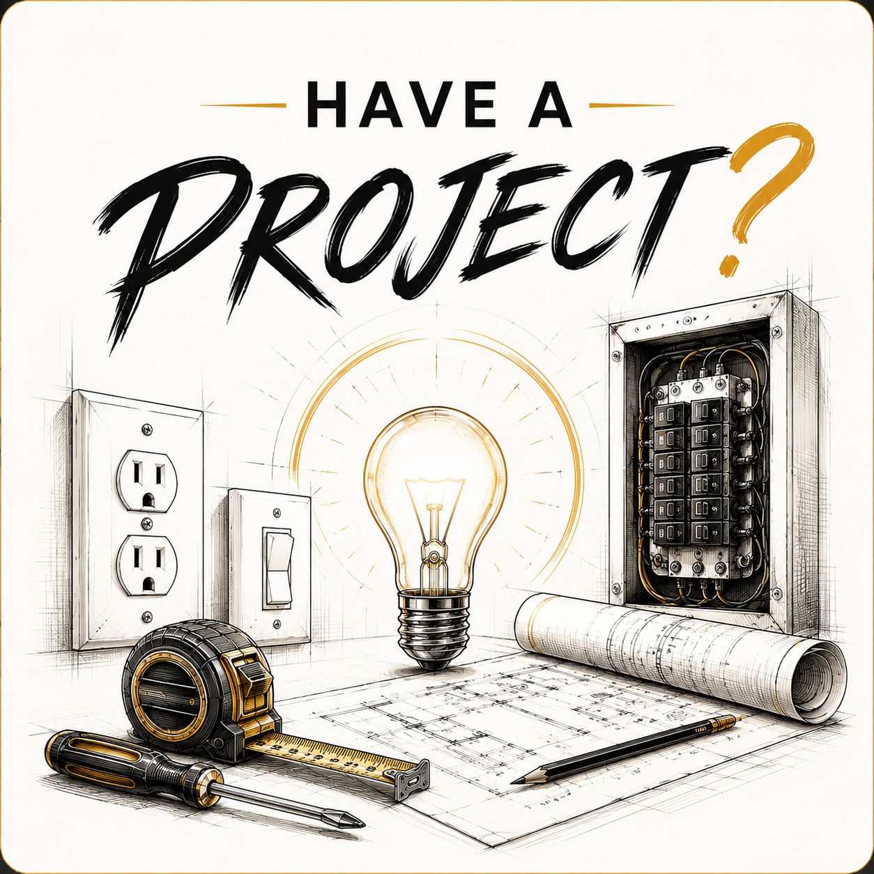 Graphic illustration of electrical tools and blueprint with the text "Have a Project?" and a glowing light bulb.