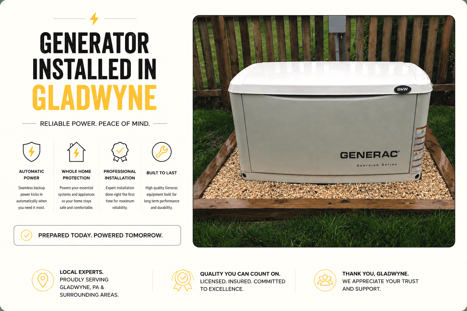 A Generac Guardian Series home backup generator installed outdoors on a gravel base, surrounded by a wooden border, with a wooden fence and trees in the background.