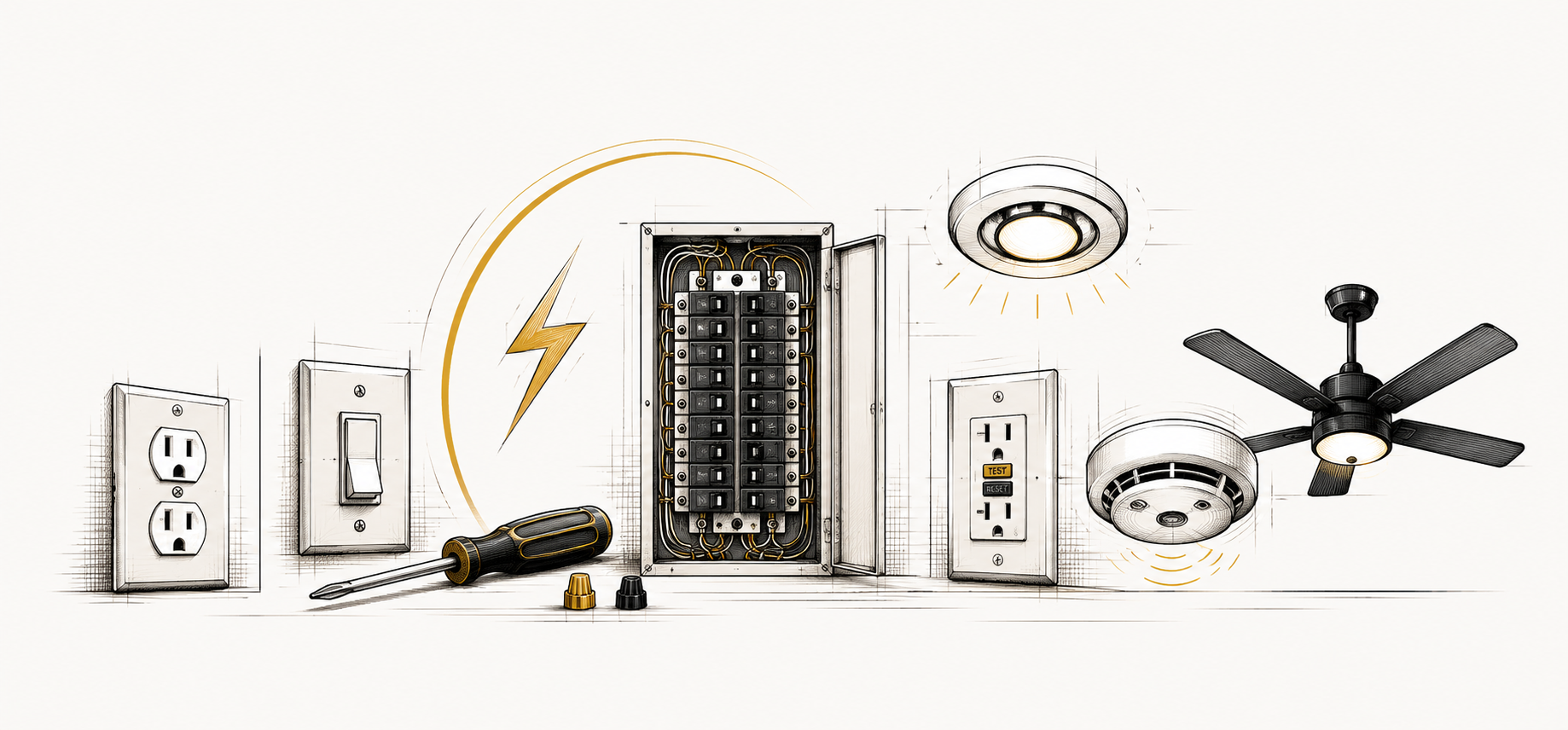 Technical drawing of electrical and electronic devices including power outlets, switches, a circuit breaker panel, smoke detector, ceiling fan, and smart outlet, with measurement tools and design sketches.