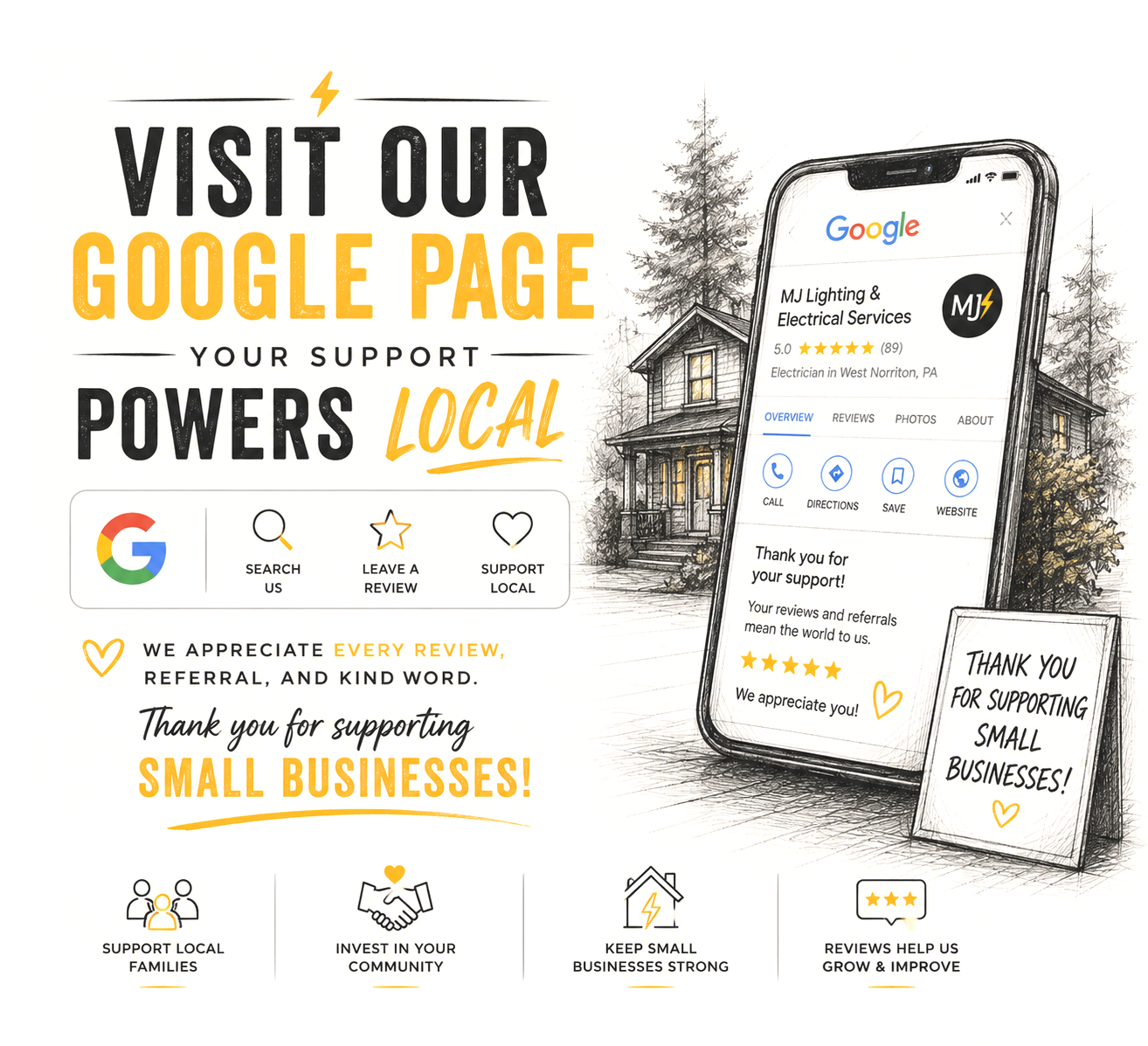 Promotional graphic encouraging local support for small businesses through Google pages, featuring a smartphone displaying a business profile, icons for call, directions, save, and website, and text thanking supporters with a house and handwritten note, surrounded by trees and small icons representing community support.
