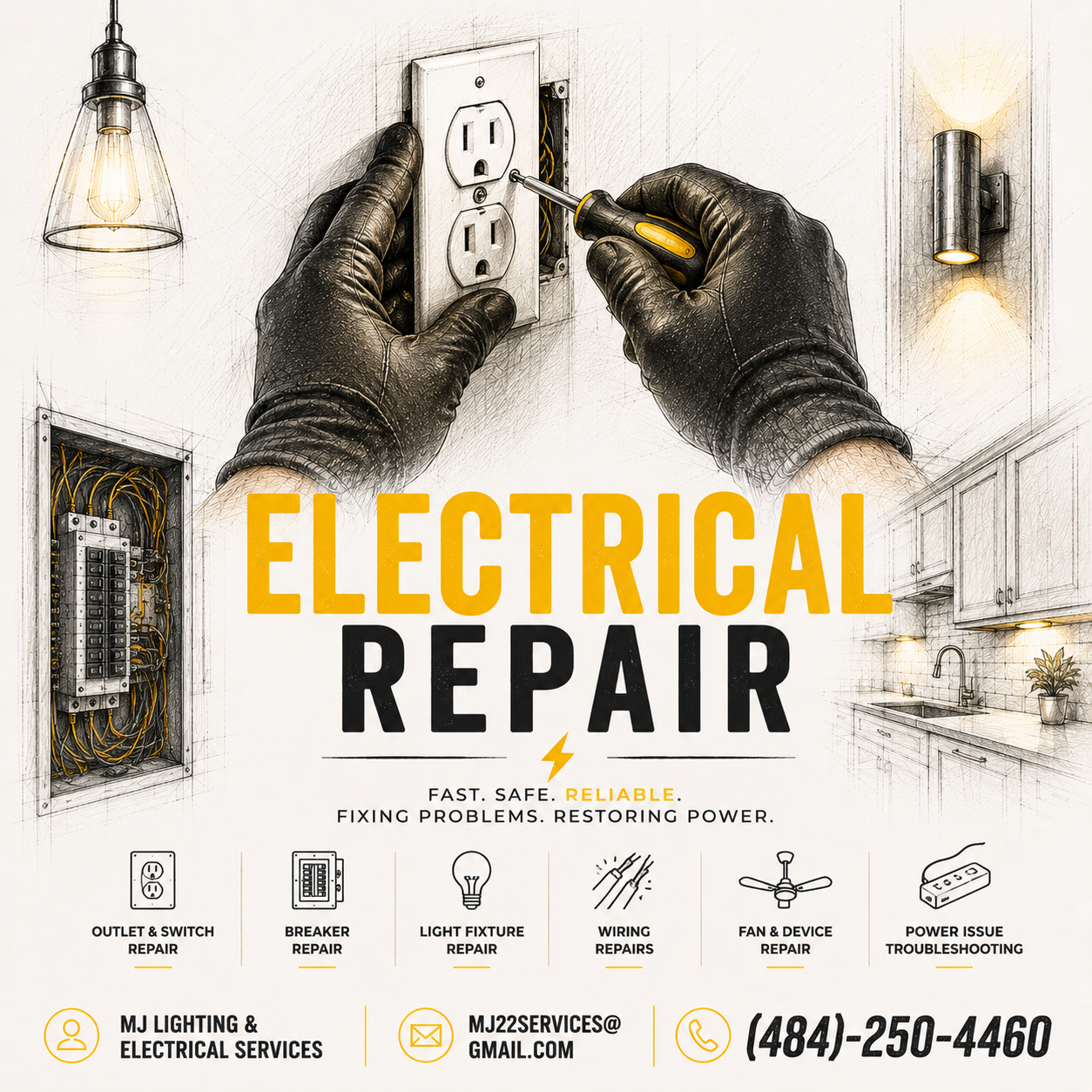 Artwork of an electrician repairing a wall outlet with a screwdriver, hands wearing black gloves. Text overlay reads "Electrical Repair" and lists services like outlet and switch repair, breaker repair, light fixture repair, wiring repairs, fan and device repair, and power issue troubleshooting. Contact information for MJ Lighting & Electrical Services is included.