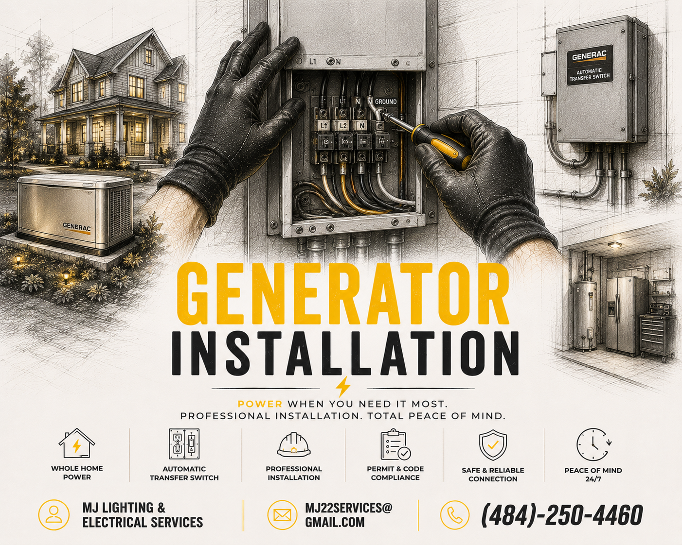 An illustration of a home with a generator outside and electrical work being done. Text promoting generator installation services, including icons for power, switch, installation, permits, connection, and peace of mind, with contact information for MJ Lighting & Electrical Services.