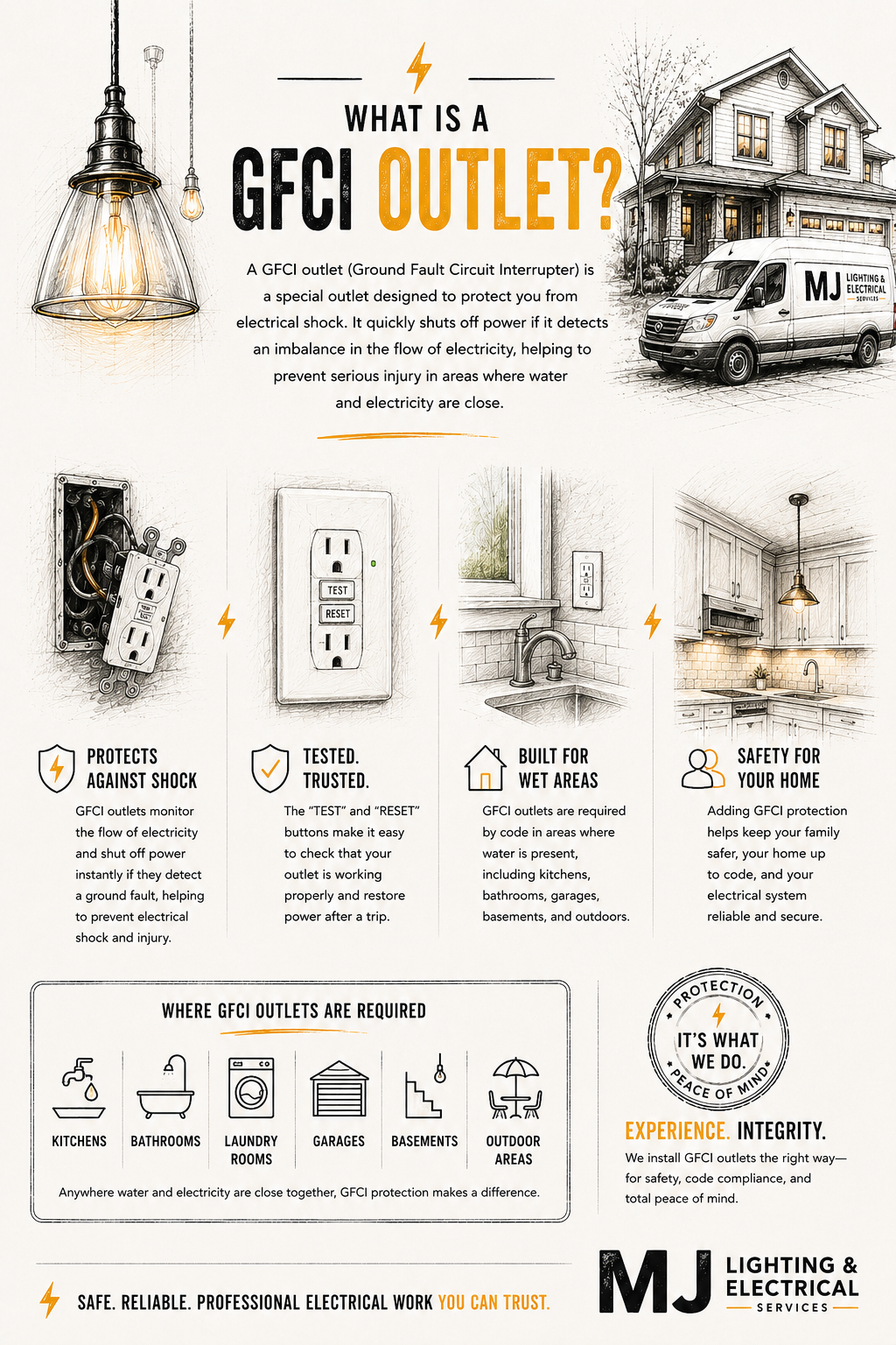 Informational poster explaining what a GFCI outlet is, its purposes, placement, and safety benefits, including images of GFCI outlets, a house, and electrical tools.