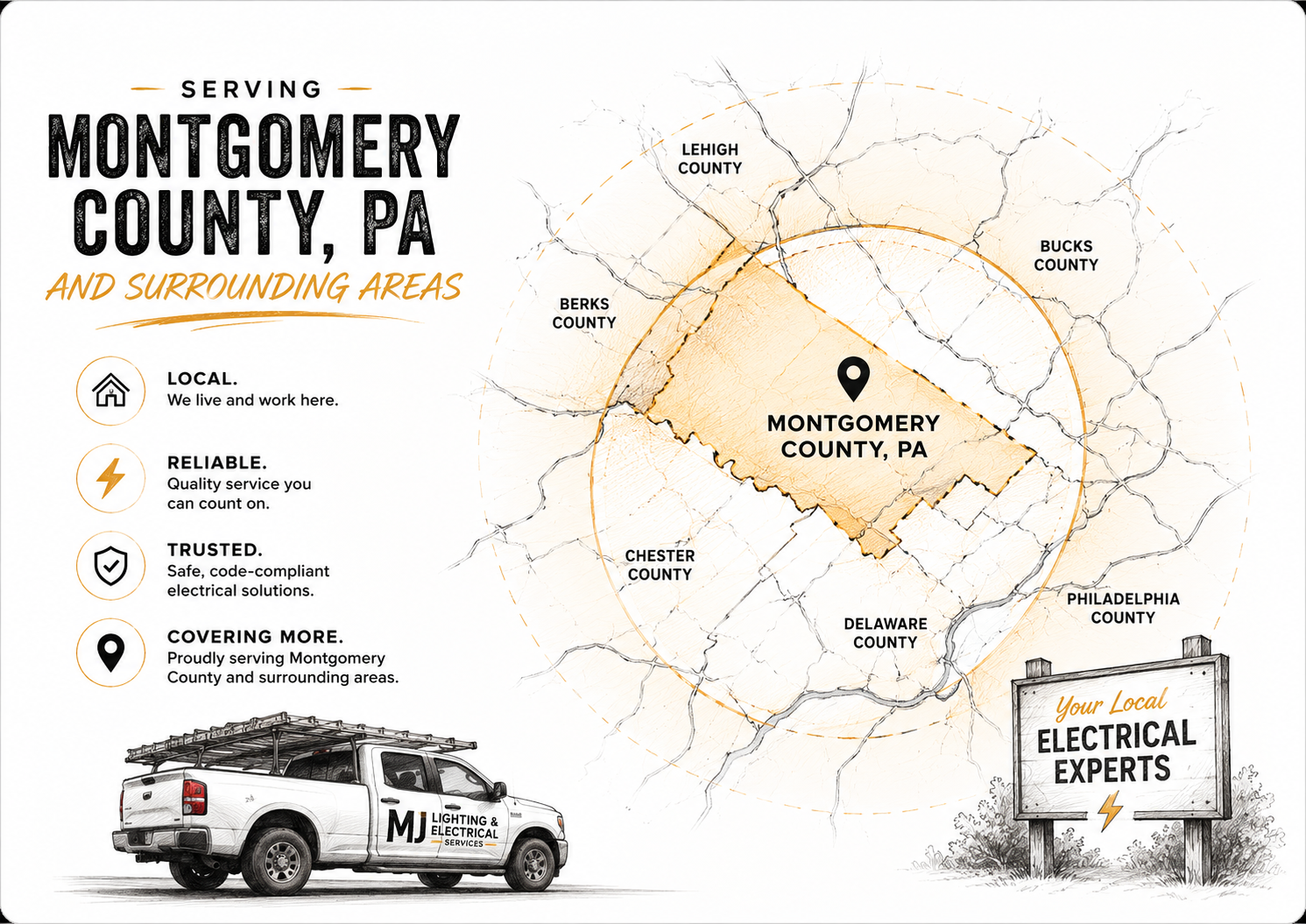 Map highlighting Montgomery County, PA, with surrounding counties and a service truck from MJ Lighting & Electrical Services, featuring key service points and a sign reading 'Your Local Electrical Experts.'