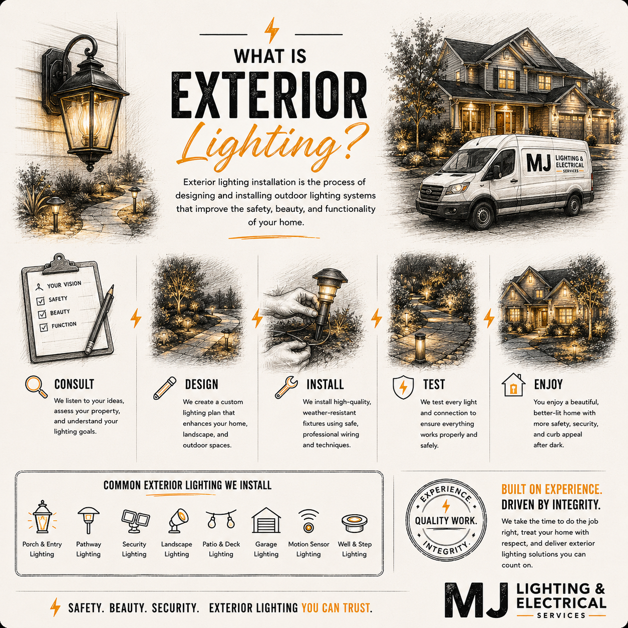 An informational infographic about exterior lighting installation, showcasing steps like consult, design, install, test, and enjoy. Features illustrations of outdoor lighting, a house, a service van, and tools, emphasizing safety, security, beauty, and functionality.