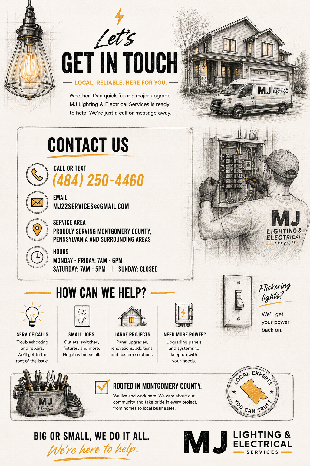 An advertisement for MJ Lighting & Electrical Services features a sketch of a house with trucks and a worker installing electrical panels. It includes contact information, service areas, hours, and icons for services like troubleshooting, small jobs, large projects, and power upgrades, with a cartoon-style drawing of a worker and a light switch.