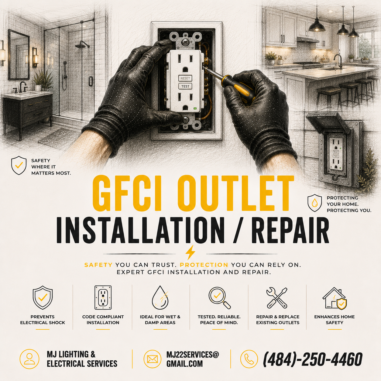 Advertisement for GFCI outlet installation and repair by MJ Lighting & Electrical Services, featuring a person installing a GFCI outlet, with kitchen and bathroom interior illustrations in the background, emphasizing safety and home protection.