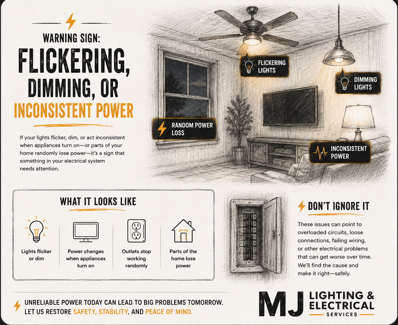 An electrical safety infographic warning about flickering, dimming, or inconsistent power in home lighting. It features a sketch of a living room with flickering or dimming lights, a ceiling fan, a TV, a side table, and a lamp. The infographic highlights signs of electrical issues, such as flickering lights, random power loss, and outlet problems, with icons and labels. It emphasizes the importance of addressing these problems to avoid dangerous electrical faults, and promotes MJ Lighting & Electrical Services for repairs.