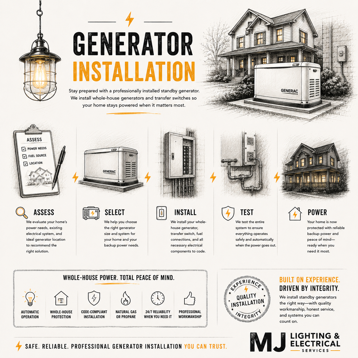 An infographic about generator installation process. It features a large house with a generator outside and illustrations of the steps: assess, select, install, test, and power. Sections highlight evaluating home power needs, choosing the right generator, installing the system, testing it, and powering the home with reliable backup power.