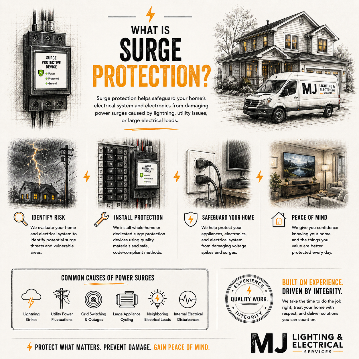 An infographic explaining surge protection for homes. Features include a surge protective device, illustrations of lightning strikes, electrical panels, and a home office, and sections on identifying risk, installing protection, safeguarding the home, and peace of mind. Icons represent lightning strikes, utility power fluctuations, grid switching, large appliance cycling, and electrical loads. The company MJ Lighting & Electrical Services emphasizes quality work, integrity, and experience.
