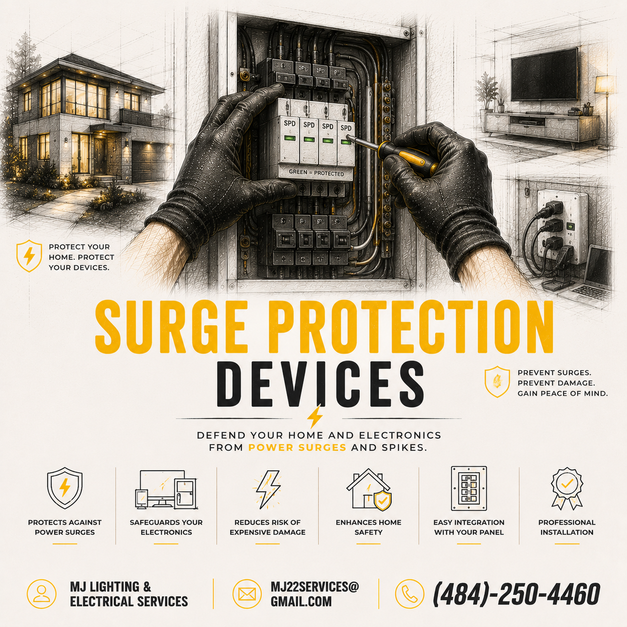 An electrical technician wearing black gloves is working on a circuit breaker panel, with an illustration of a modern house, a living room, and a power outlet. The image promotes surge protection devices for home safety.