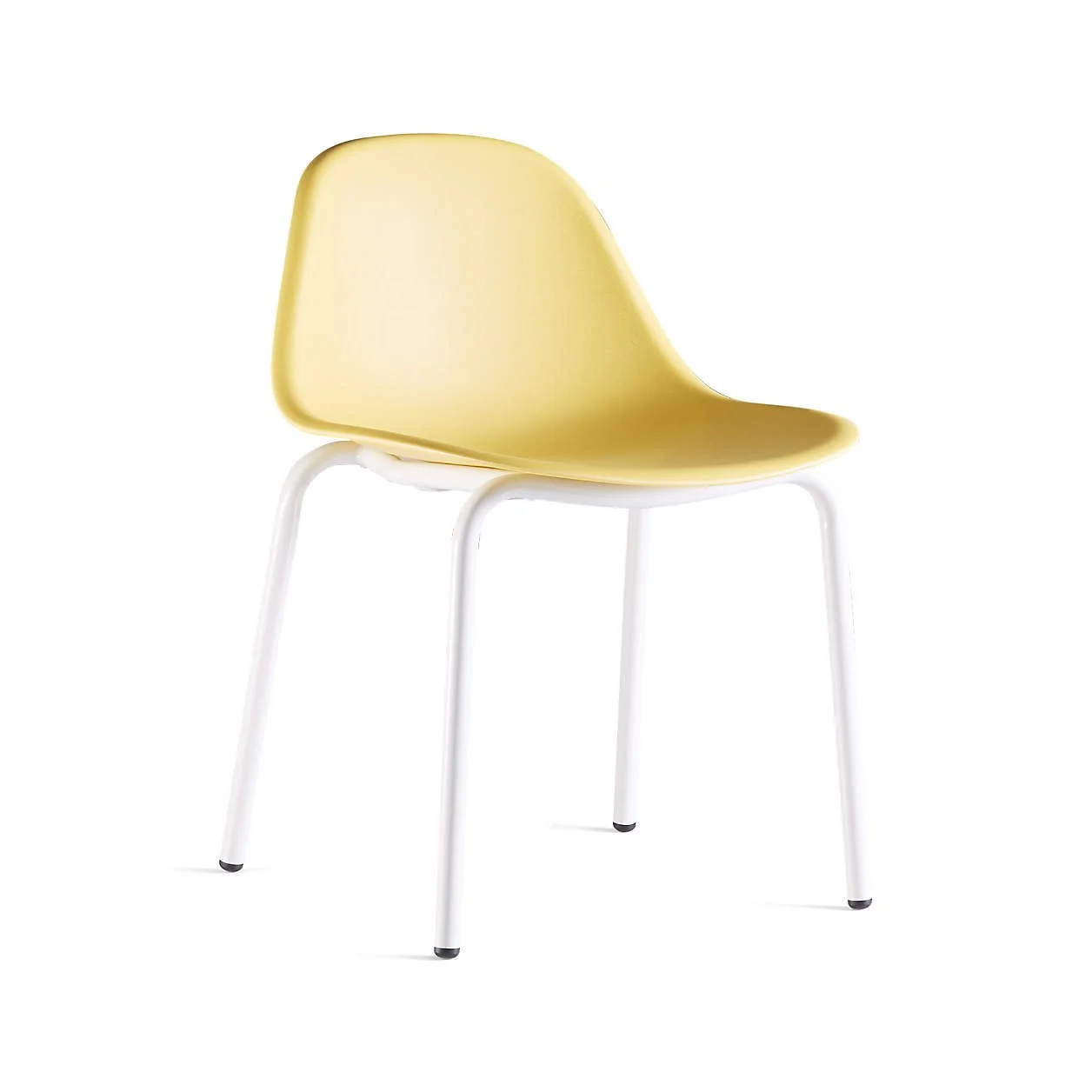 A modern yellow chair with a curved plastic seat and white metal legs.
