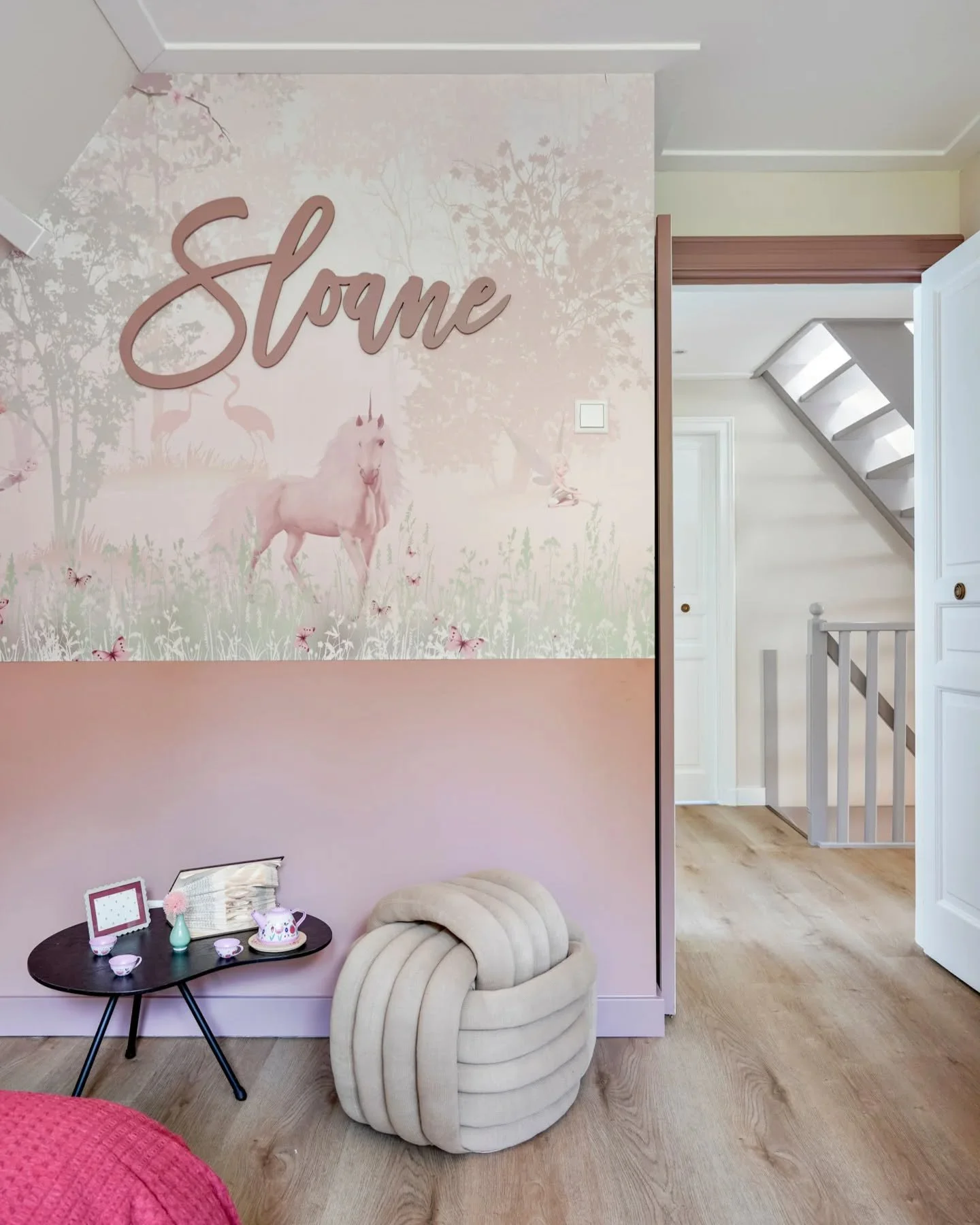 When the little things mean a lot !

This is Sloane's view from bed when she wakes up every morning, and where her and her friends will have their magical tea parties 🦄

#girlbedroom
#unicornwallpaper 
#teaparty
#renovatelondon 
#interiordesignerlon