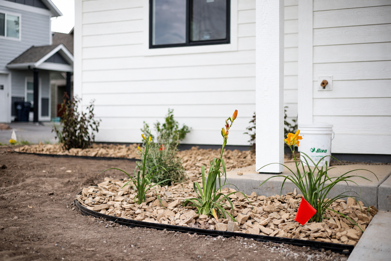 Newly installed xeriscape with rock, water-wise plants, and retaining wall in Bozeman