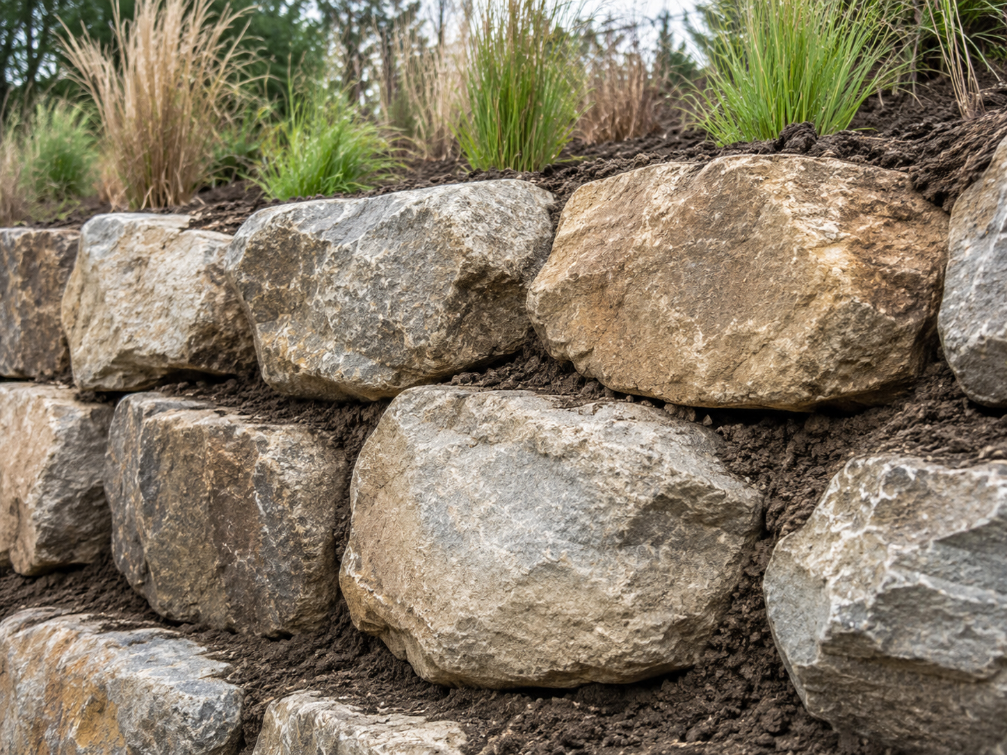 Natural boulder retaining wall on a sloped lot in the Gallatin Valley