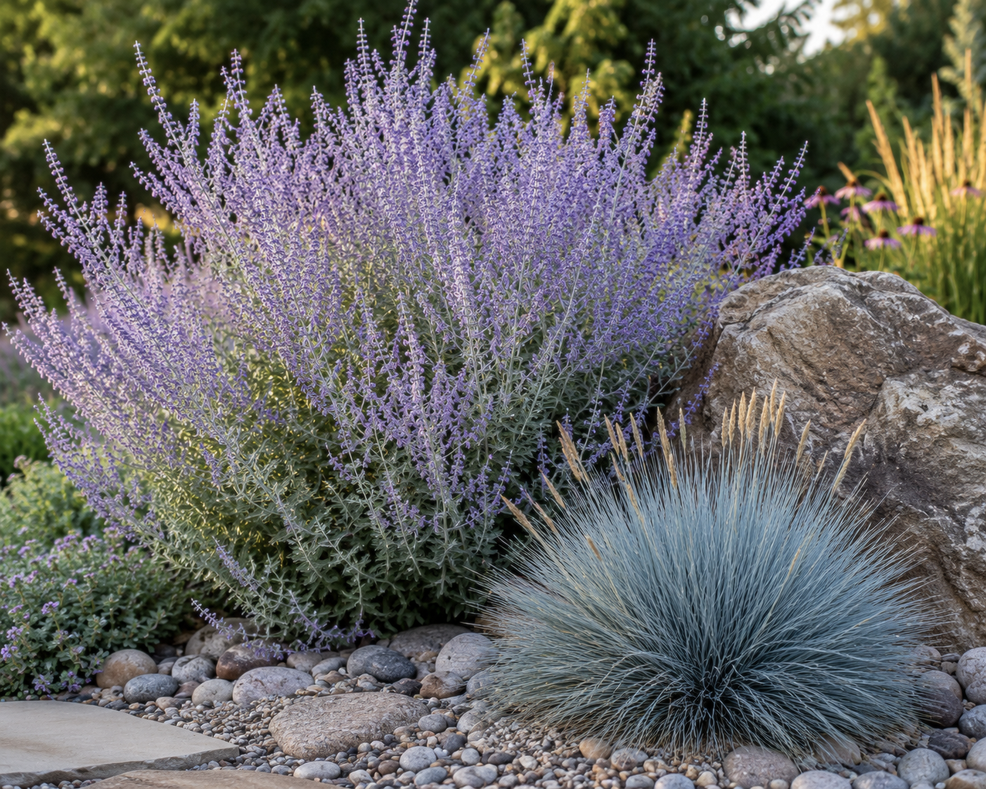 Native drought-tolerant plants installed in a Bozeman xeriscape