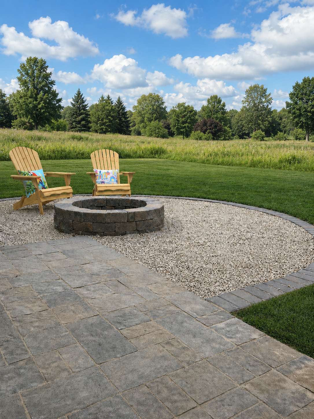 Outdoor fire pit with stone surround on a Bozeman patio