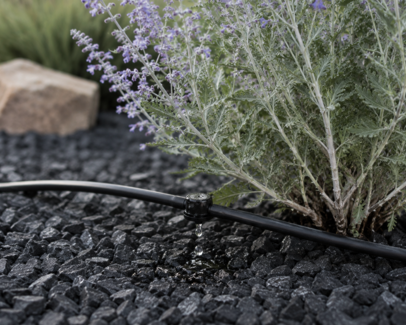 Newly installed xeriscape with rock, water-wise plants, and retaining wall in Bozeman