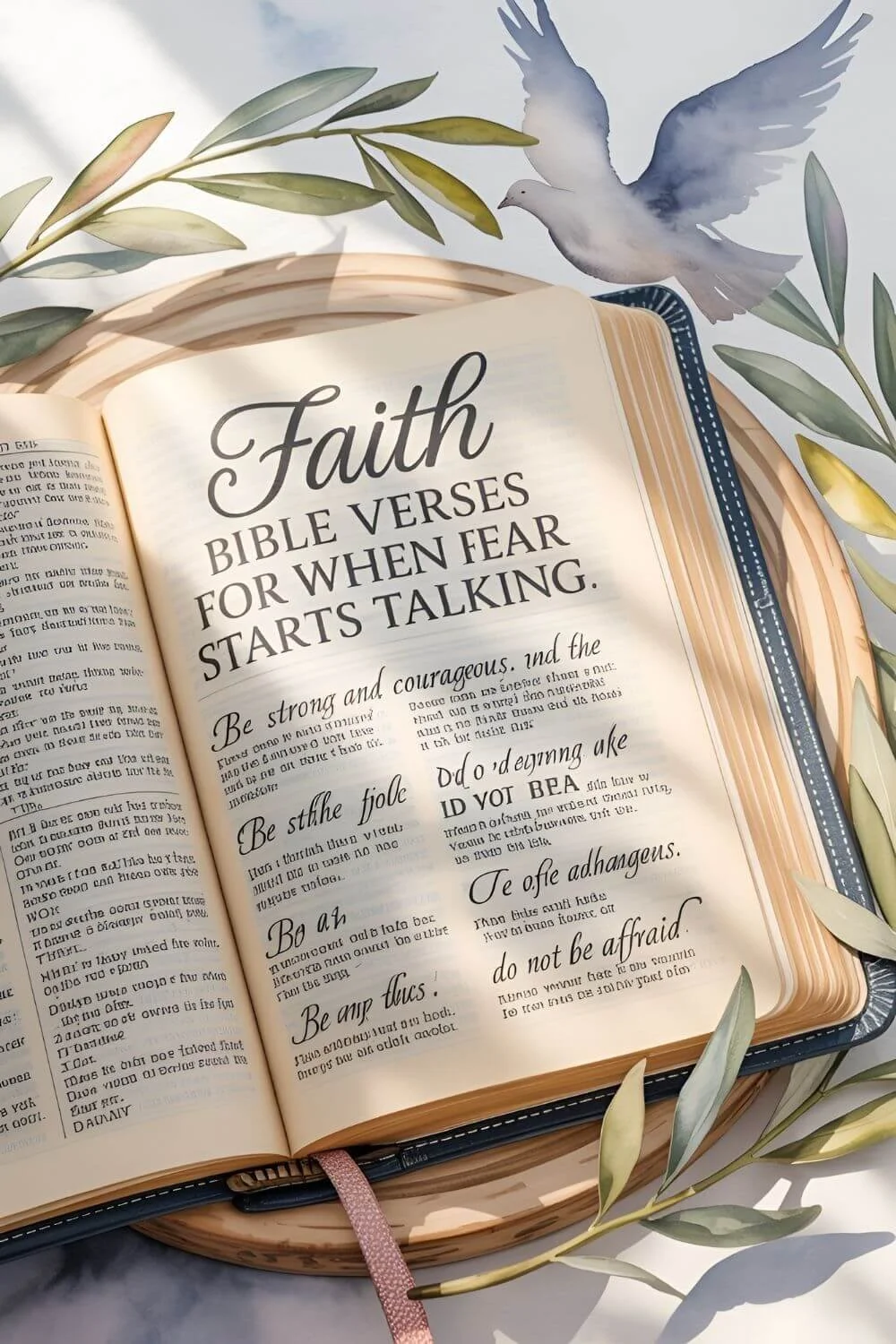 Open Bible page titled “Faith Bible Verses for When Fear Starts Talking,” with a dove and olive branches around it.