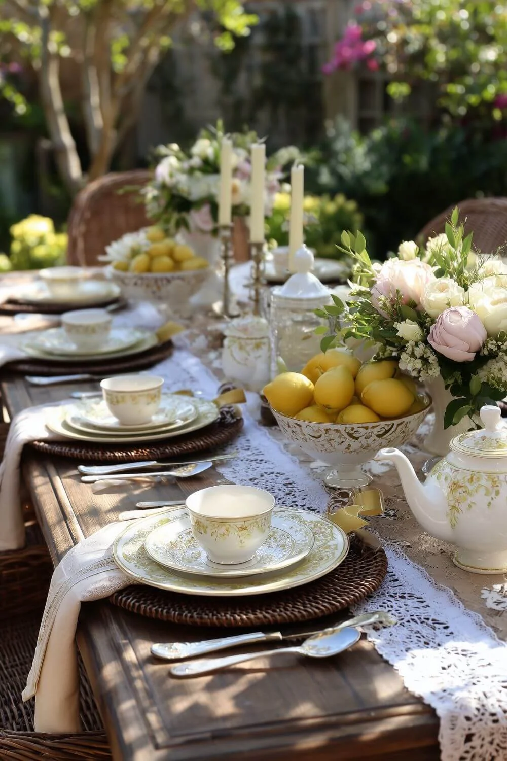 Elegant outdoor garden brunch table set with vintage china, lace runner, candles, fresh flowers, and bowls of lemons in soft sunlight.