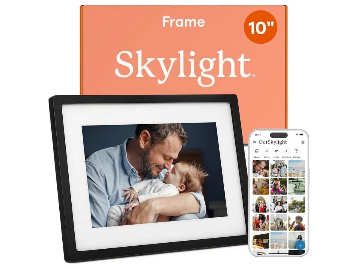 WiFi digital picture frame displaying family photo with mobile app connectivity.