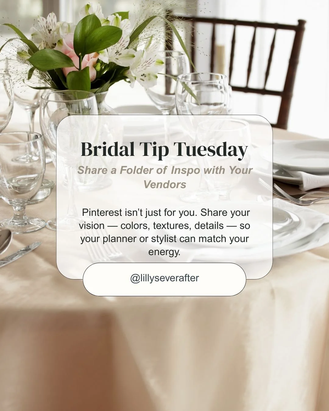 💡 Bridal Tip Tuesday
Share a Folder of Inspo with Your Vendors

All those pins, screenshots, and swoon-worthy color palettes? Don&rsquo;t keep them locked up, sis.

Make a shared inspo folder for your planner, stylist, or florist. When your dream te