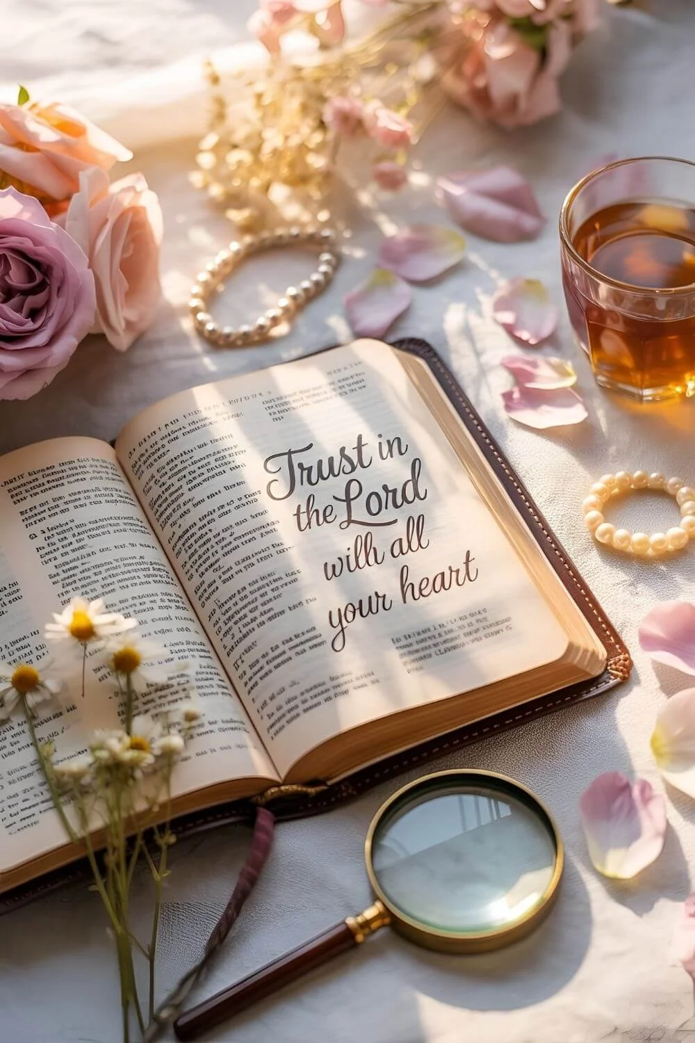 Open Bible with “Trust in the Lord with all your heart,” surrounded by pink flowers, pearls, tea, and a magnifying glass.