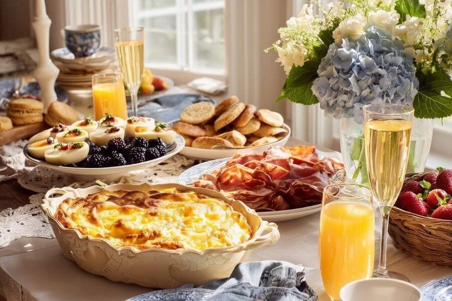 Southern brunch spread with breakfast casserole, deviled eggs, biscuits, berries, and charcuterie, served with orange juice and champagne beside blue hydrangea flowers in soft morning light.