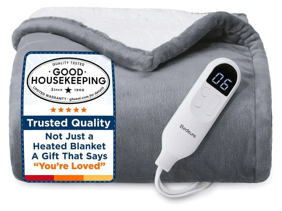Heated electric blanket with digital controller and soft gray fabric, folded for display.