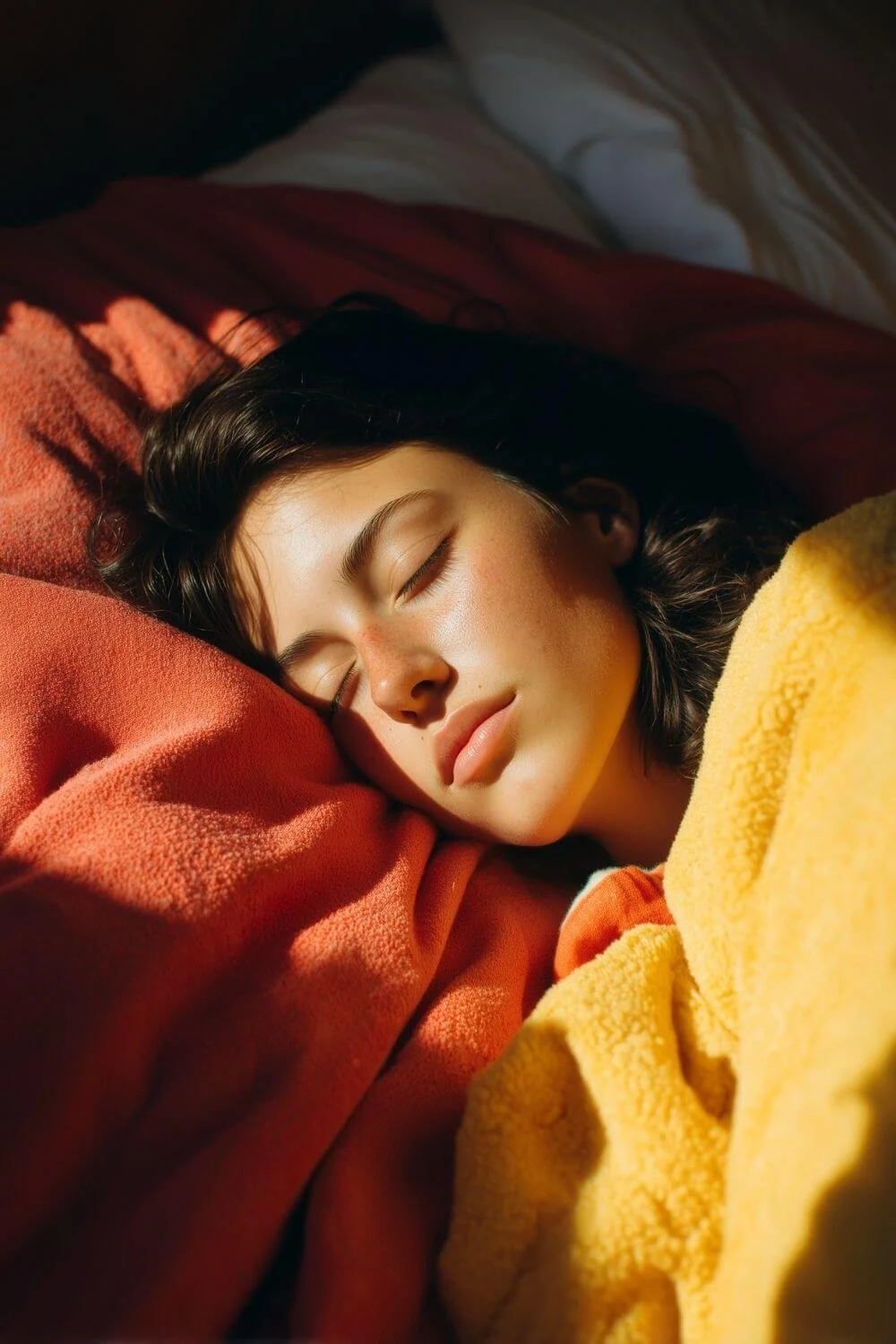 Young woman peacefully sleeping in soft morning light, resting on a red pillow and wrapped in a cozy yellow blanket.