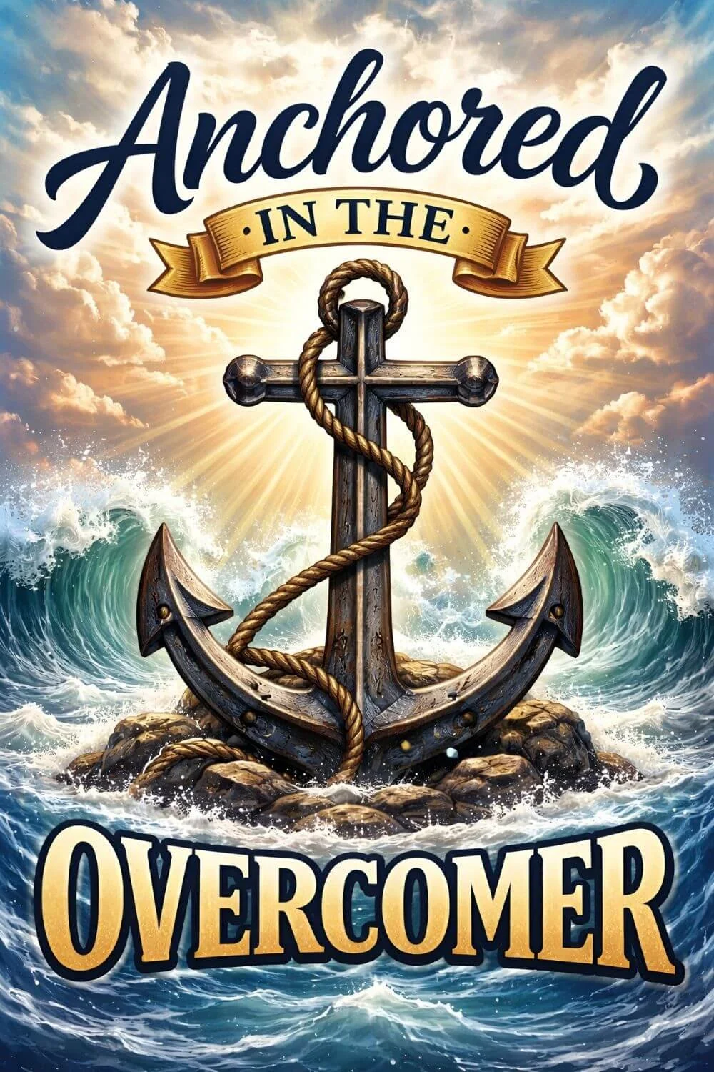 Anchored in the Overcomer Christian illustration with a cross-shaped anchor wrapped in rope, waves crashing around it, and bright sunlight breaking through the clouds in a vertical design