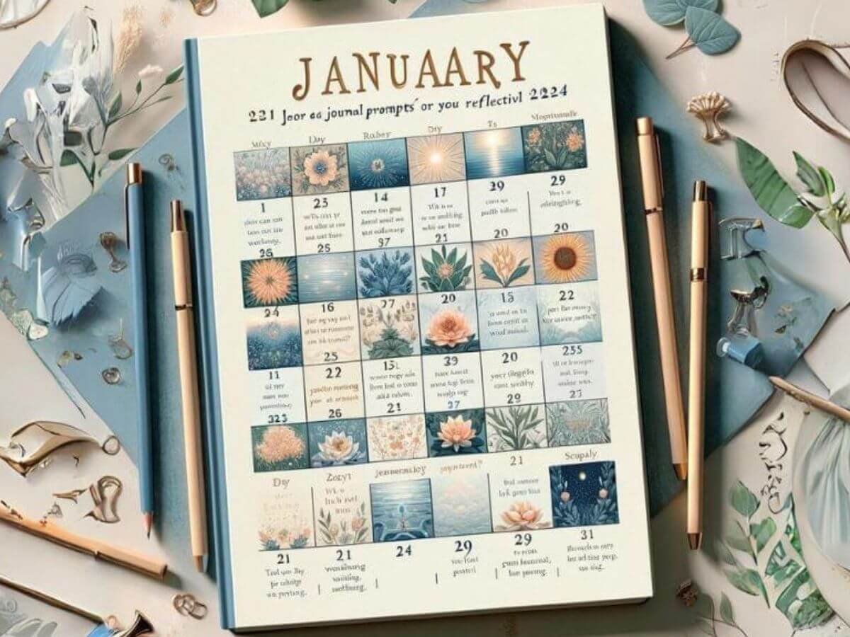 Open January journal featuring a calendar-style layout with daily reflective prompts, surrounded by pens, floral illustrations, and soft neutral decor.
