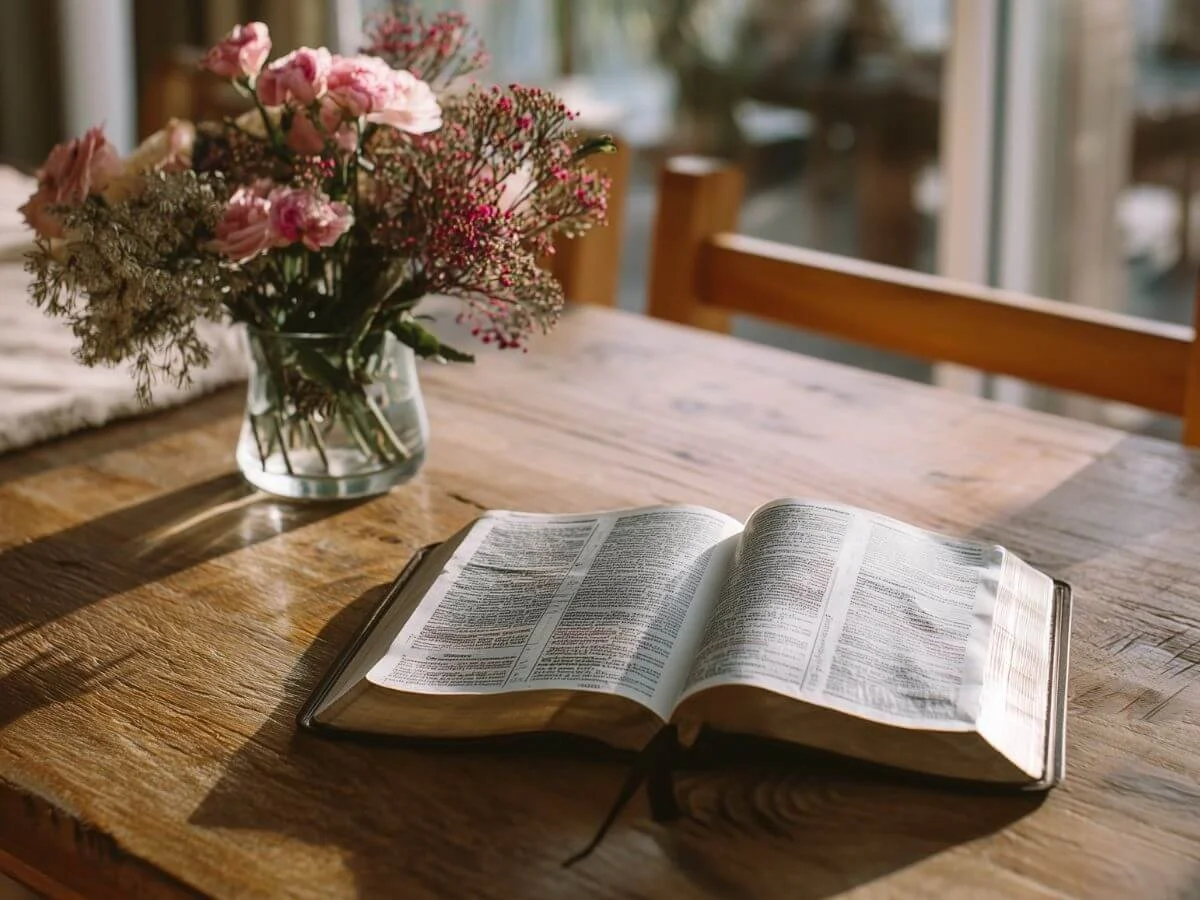 Open Bible on a wooden table beside a vase of pink flowers in warm sunlight.