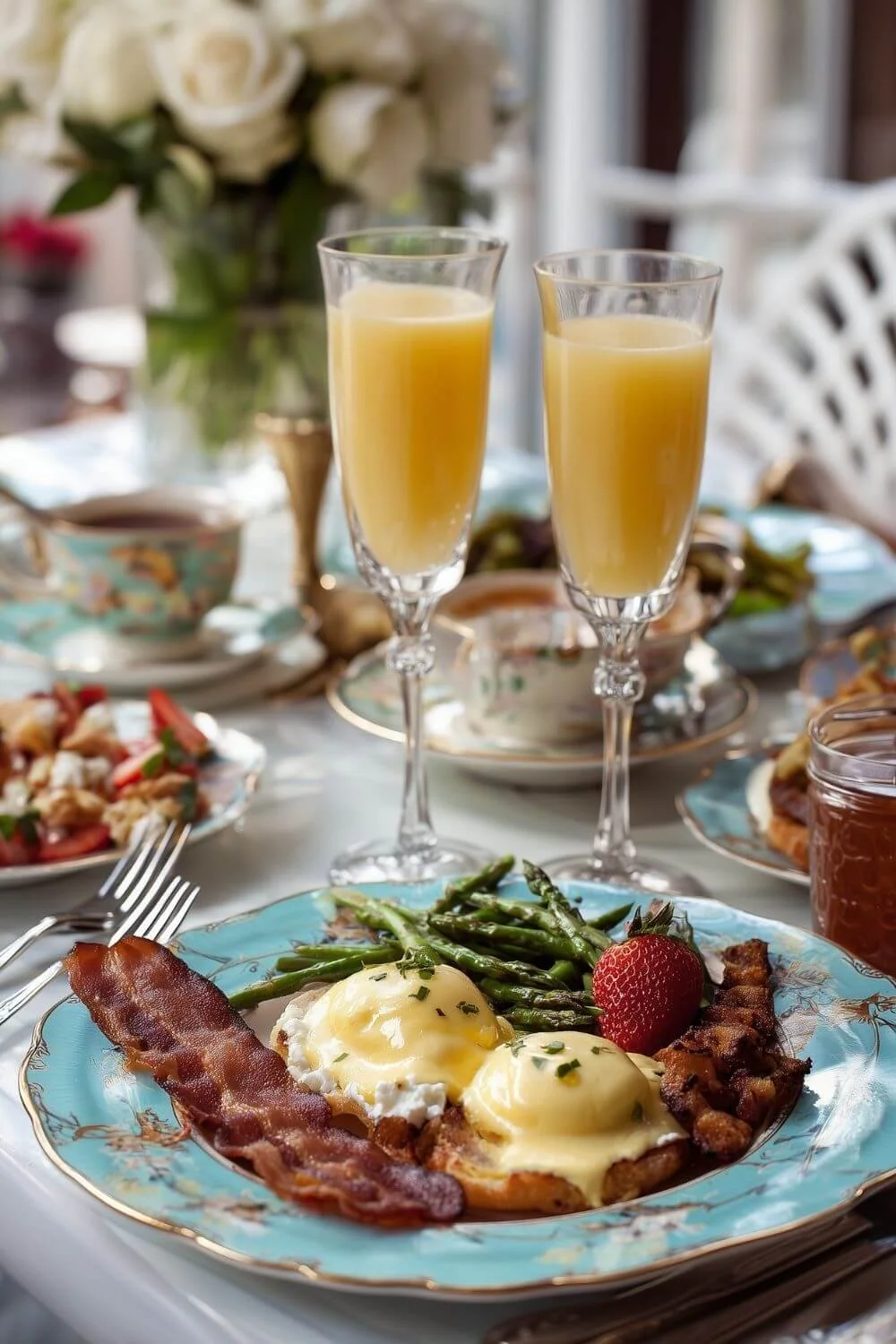 Southern-style brunch plate with eggs Benedict, crispy bacon, asparagus, and a fresh strawberry, served with two glasses of orange juice on an elegant table setting.