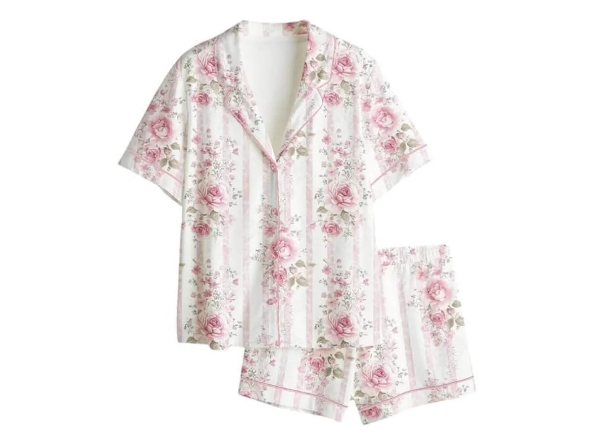 Women’s floral satin pajama set with short-sleeve button top and matching shorts.