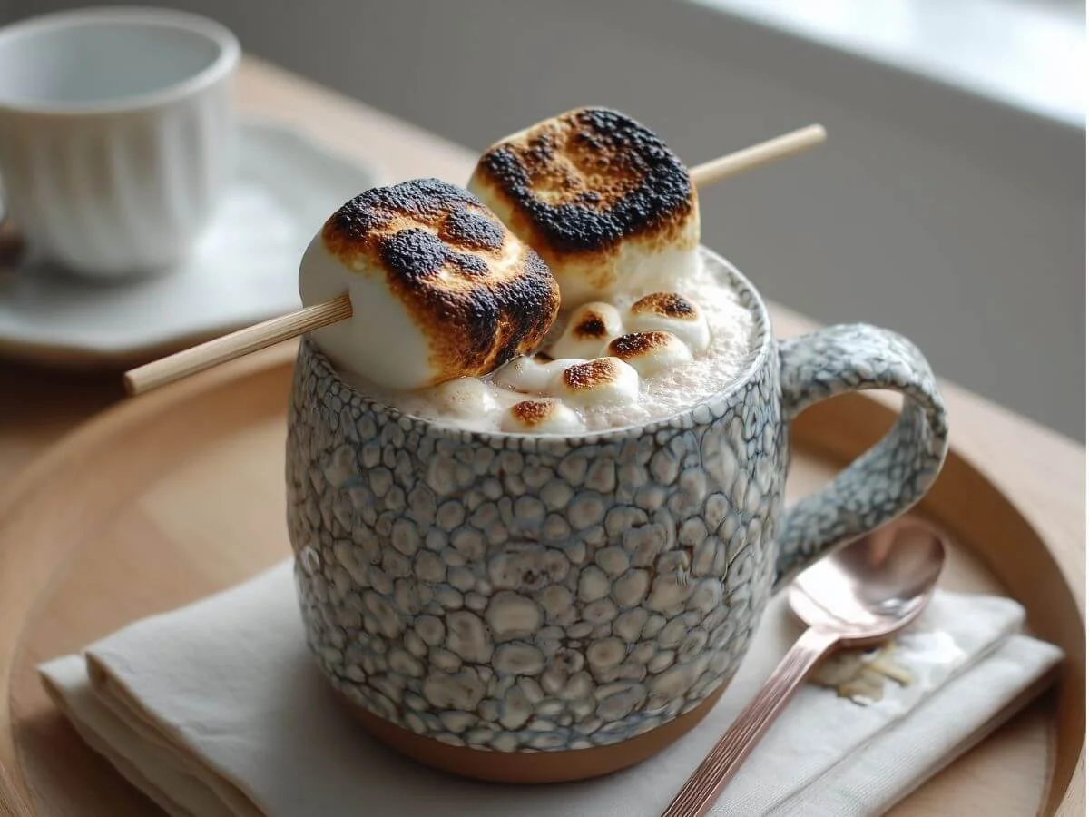 Toasted marshmallow milk drink with golden marshmallows on a stick across the top of a ceramic mug.