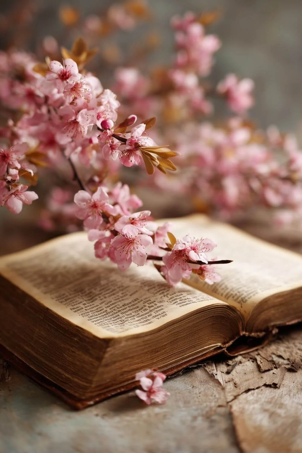 Open Bible with pink blossoms resting across the pages on a rustic wooden surface.