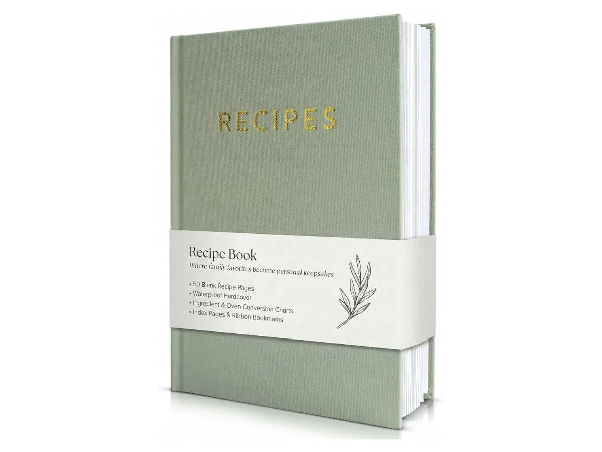 Hardcover recipe journal for writing and organizing family recipes.