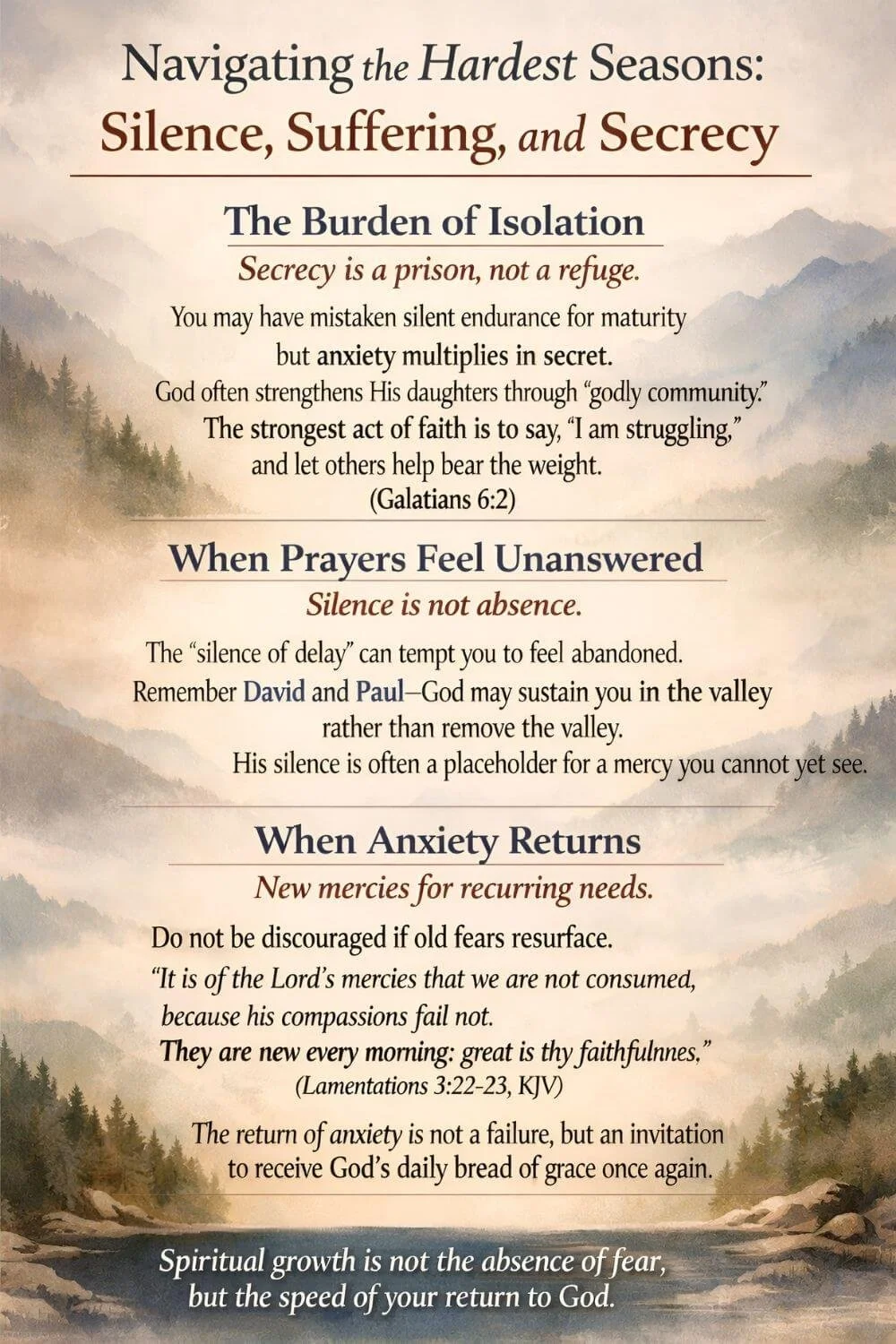 Christian inspirational graphic about navigating hard seasons, featuring themes of isolation, unanswered prayers, and renewed faith with Lamentations 3:22–23 KJV.
