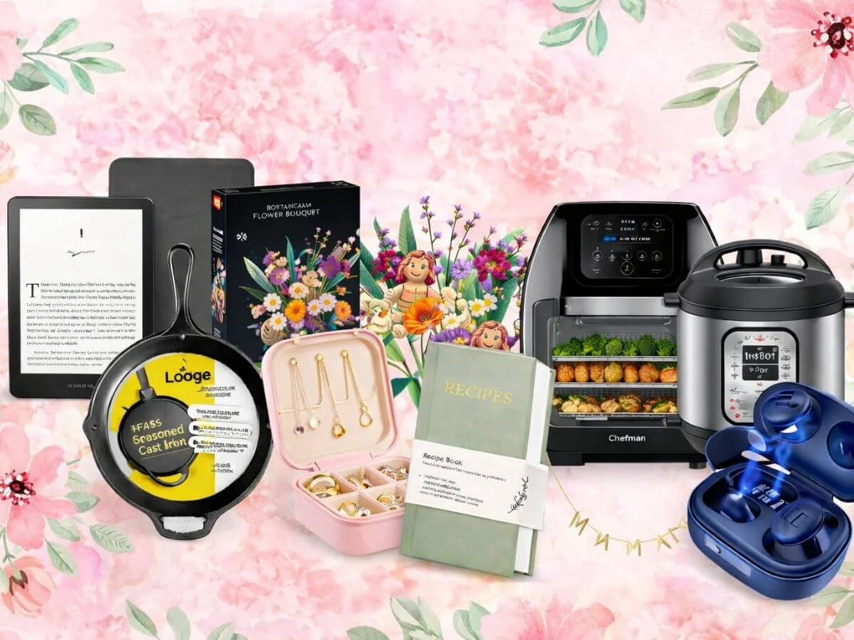 Mother’s Day gift collage featuring practical gift ideas including a Kindle e-reader, cast iron skillet, LEGO flower bouquet set, jewelry organizer with necklace, recipe book, air fryer, Instant Pot, and wireless earbuds on a pink floral background.