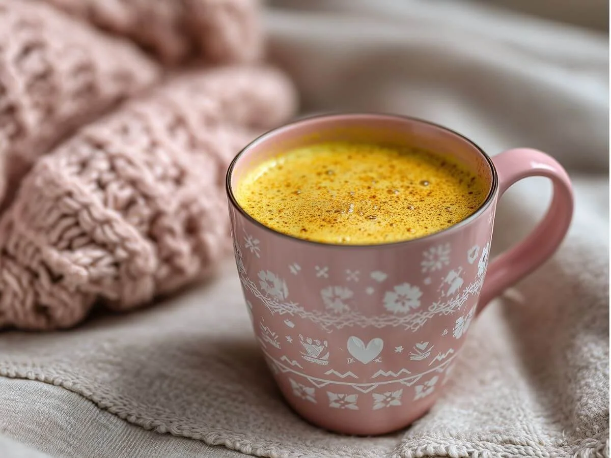 Turmeric golden milk in a ceramic mug on a windowsill with a winter scene in the background.