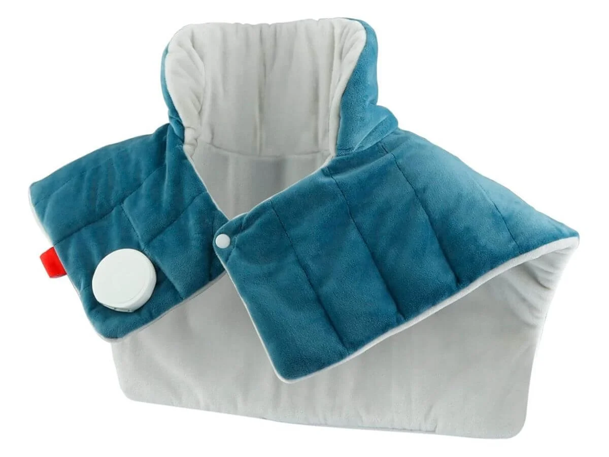 Electric neck and shoulder heating pad wrap with soft plush fabric and control button.