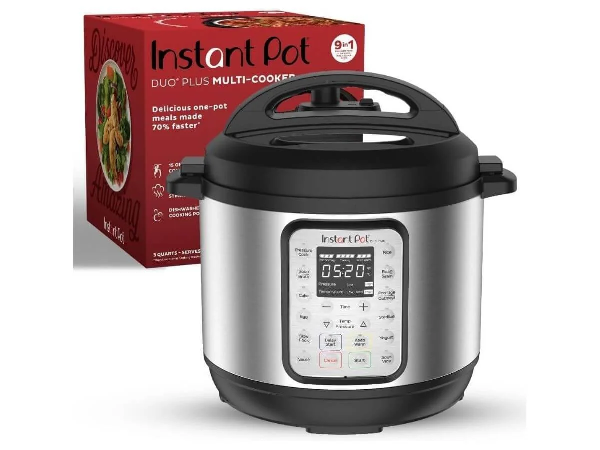 Instant Pot electric multi-cooker pressure cooker with digital control panel.